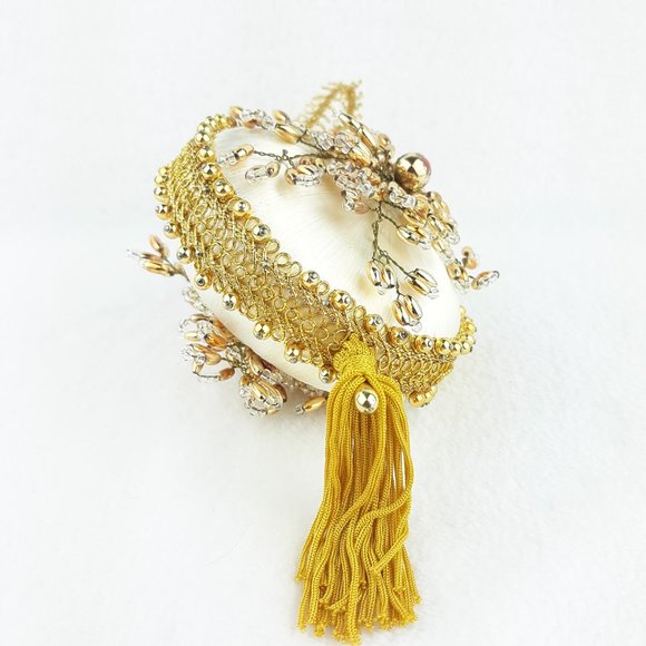 Vintage Satin Beaded Christmas Ornament Cream Gold - Picture 8 of 11